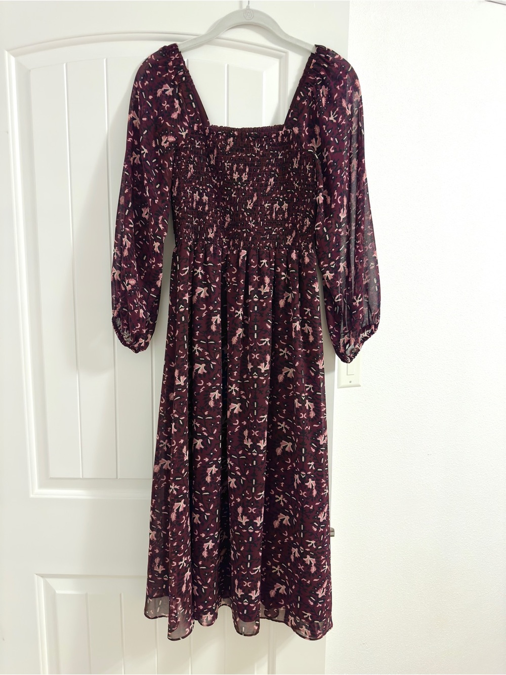 Madewell burgundy patterned midi dress